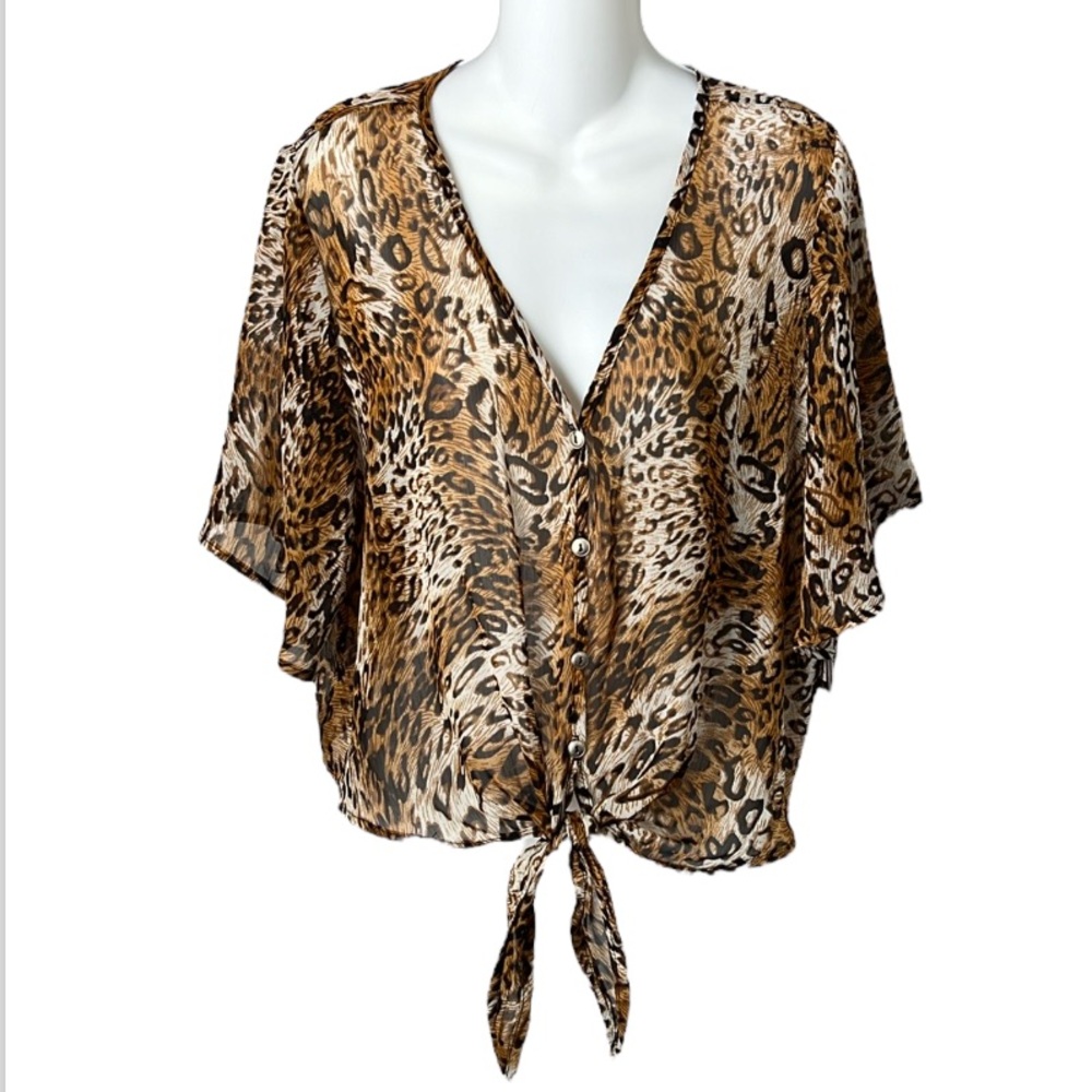 New Oona & Maud Sheer Animal Print Cropped Button Down Tie Front Top Size M